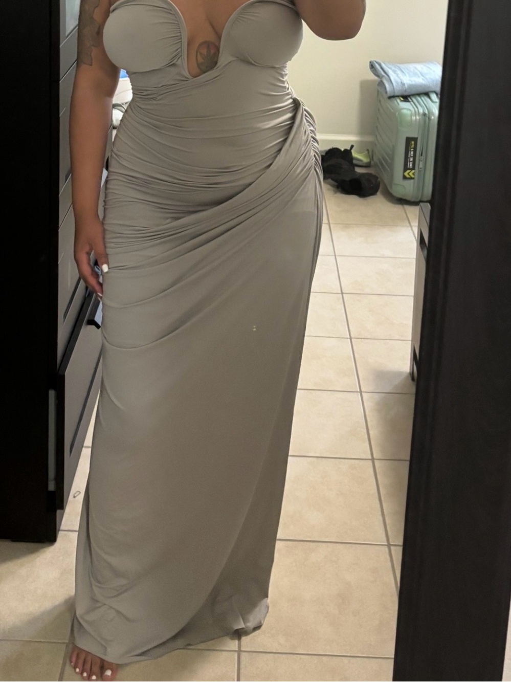 Elegant Ruched Grey Maxi Dress - Strapless Evening Gown